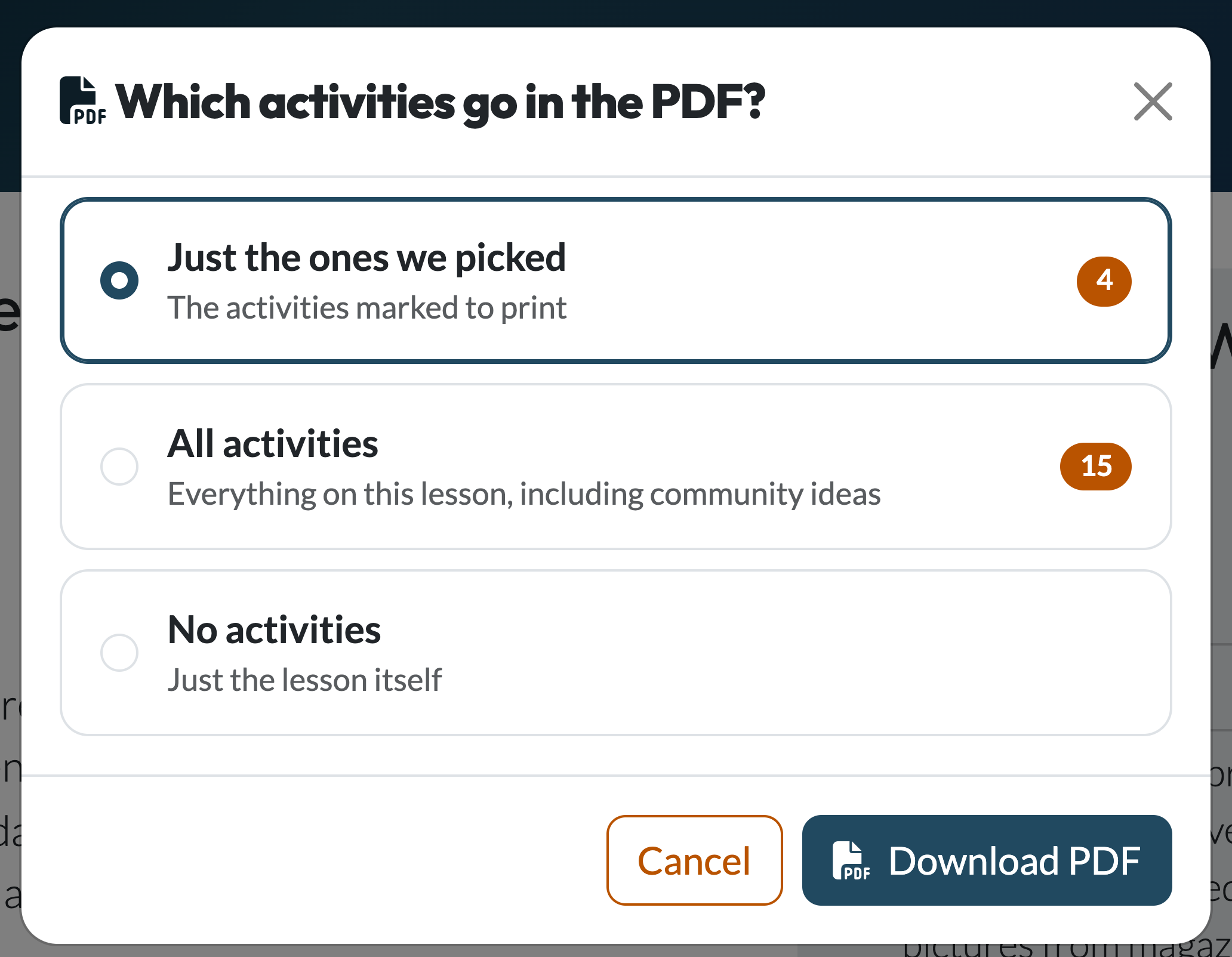The print prompt, asking whether to include the four marked activities, all fifteen, or none