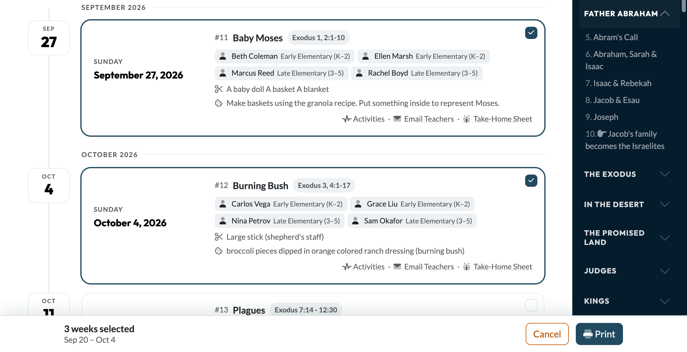 Looking Ahead in select mode: two weeks ticked, a third not, and the bar reading three weeks selected